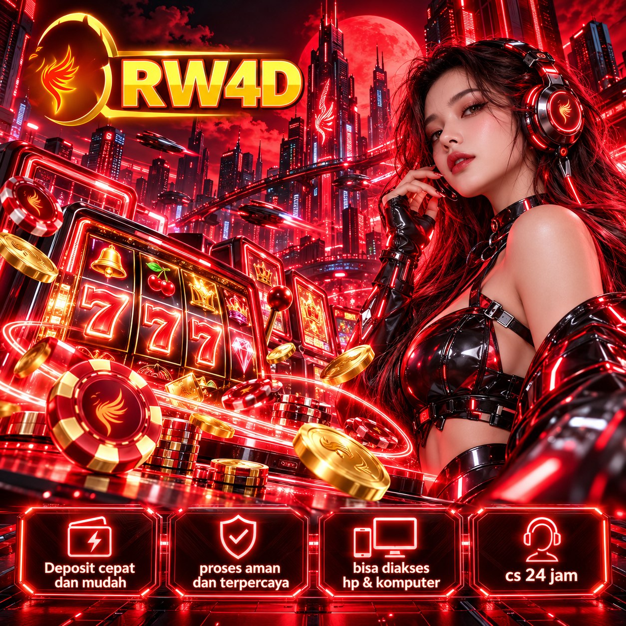 Banner RW4D: hiburan digital bertema neon merah